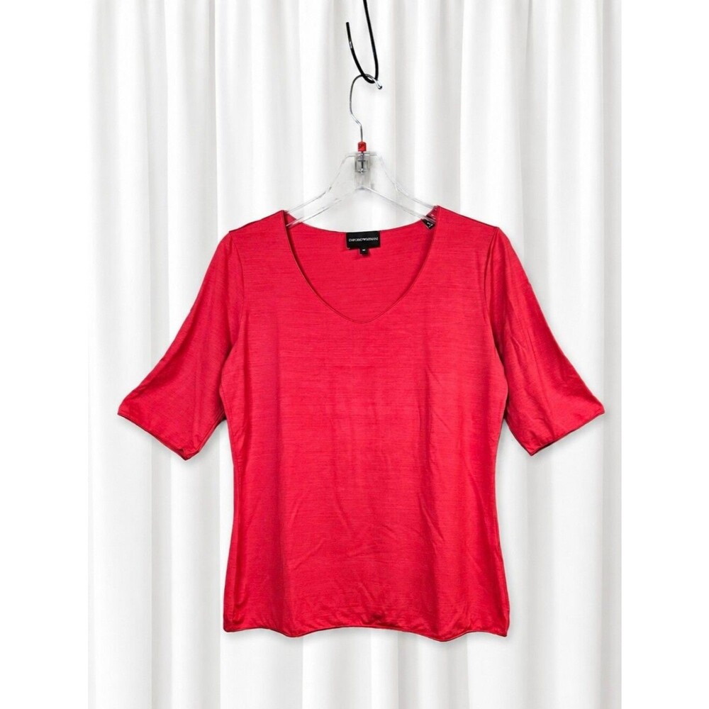 Emporio Armani True Red Silky Stretch Knit Elbow Sleeves Designer Luxury Blouse